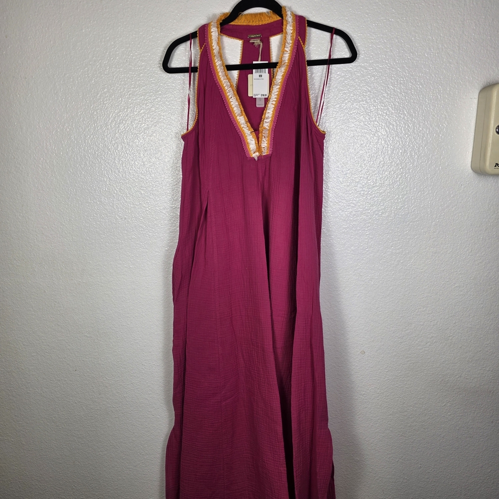 Magaschoni Organic Cotton Gauze Pom Pom Fringe Trim Boho Maxi Dress Size M